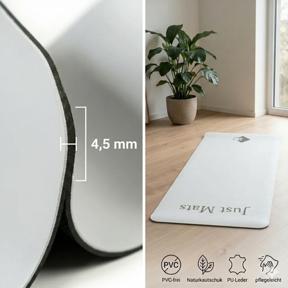 Minimalistische Yogamatte PUREFLOW PRO aus Naturkautschuk und PU-Leder mit rutschfester Struktur in elegantem Weiß.