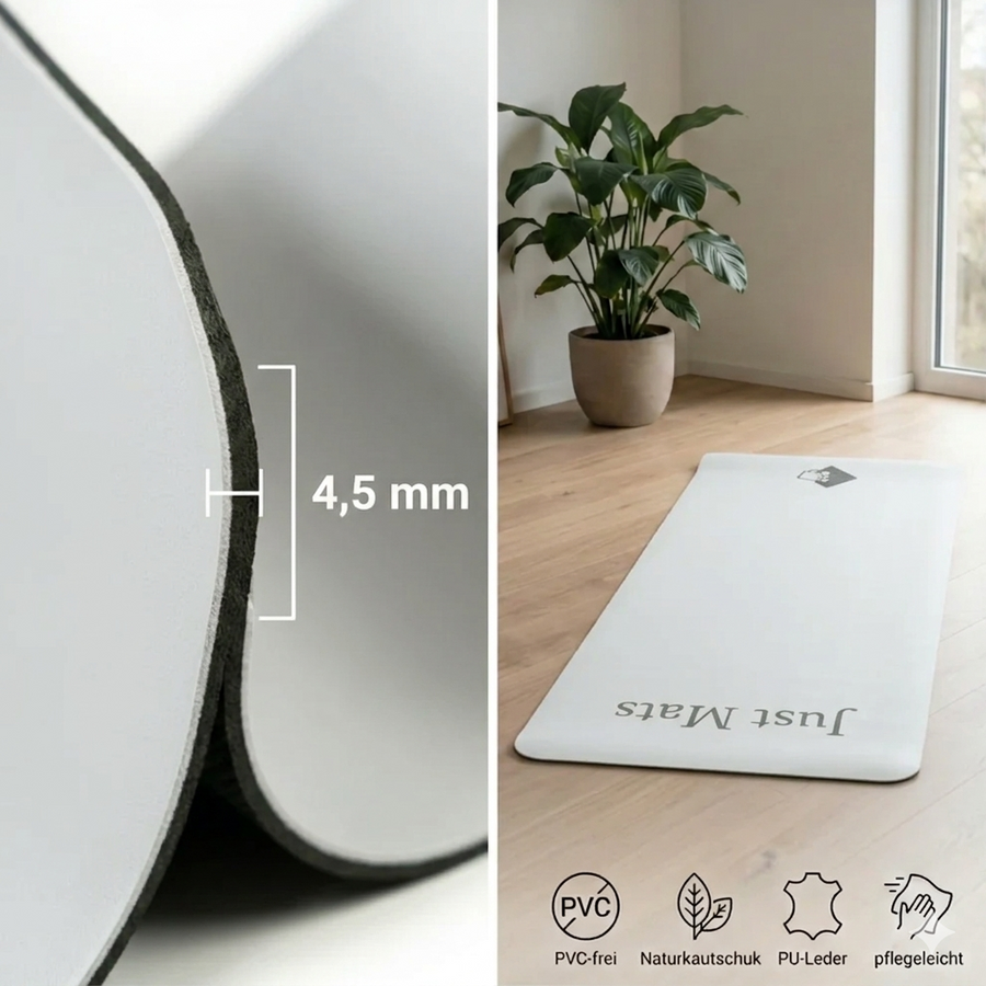 Minimalistische Yogamatte PUREFLOW PRO aus Naturkautschuk und PU-Leder mit rutschfester Struktur in elegantem Weiß.