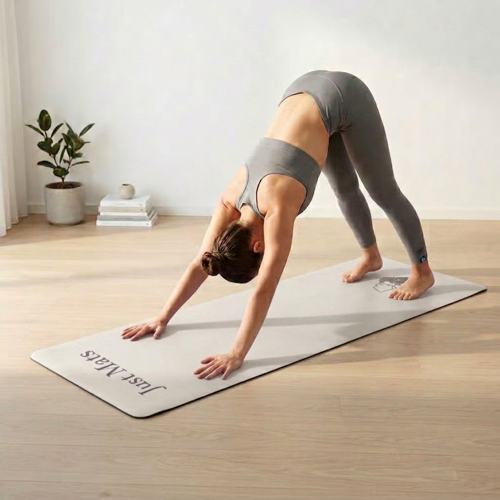Minimalistische Yogamatte PUREFLOW PRO aus Naturkautschuk und PU-Leder in Grau, ideal für Haustierbesitzer.