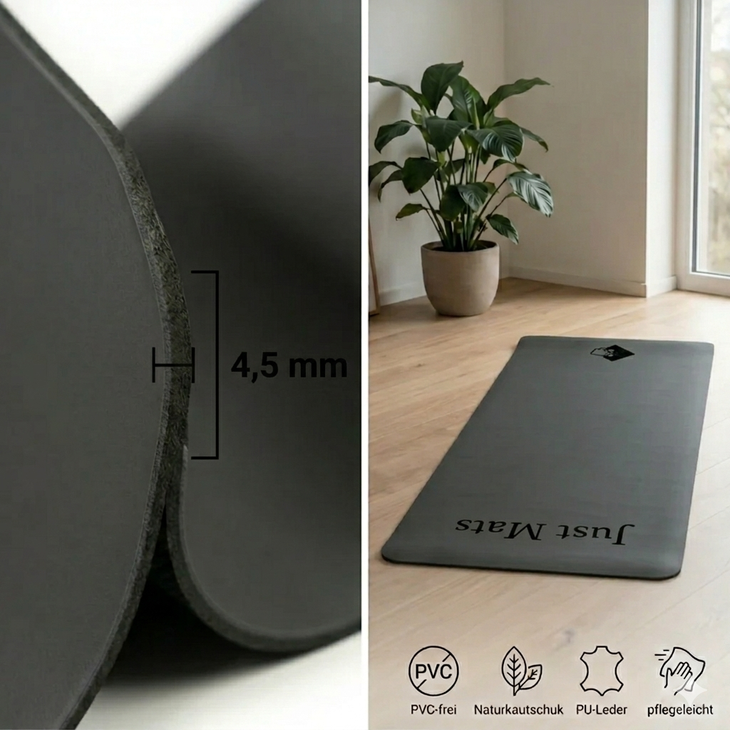 Minimalistische Yogamatte PUREFLOW PRO aus Naturkautschuk und PU-Leder in Schwarz, 4,5 mm, mit kratzfester Oberfläche.