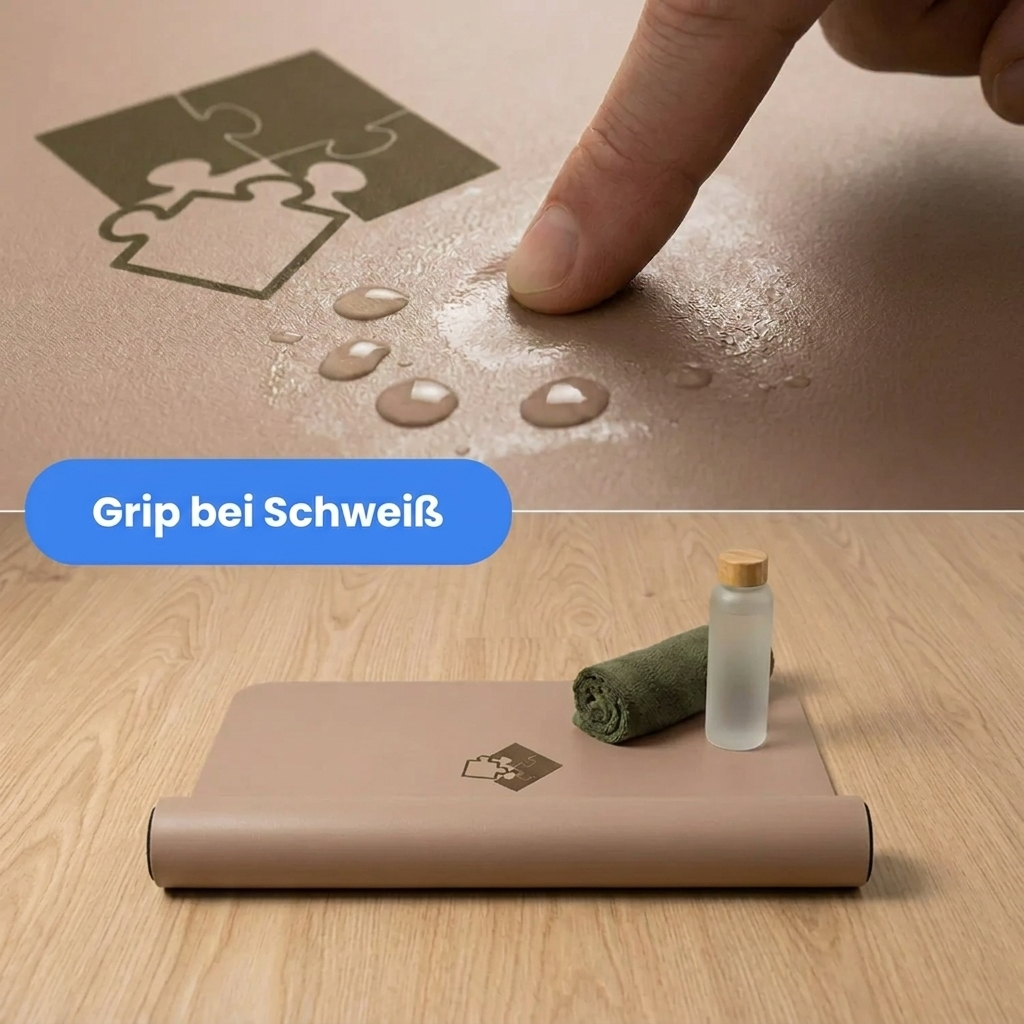 Minimalistische Yogamatte aus Naturkautschuk und PU-Leder in Beige mit rutschfester Oberfläche und optimalem Grip bei