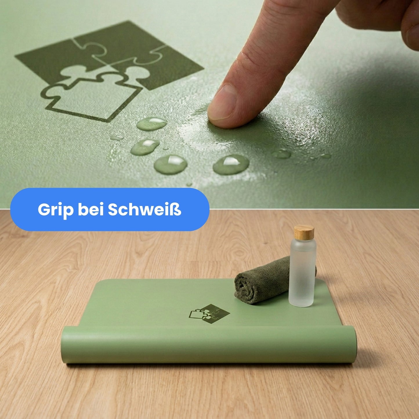 Rutschfeste Yogamatte PUREFLOW PRO aus Naturkautschuk und PU-Leder in sanftem Grün, ideal für schweißintensive Übungen.