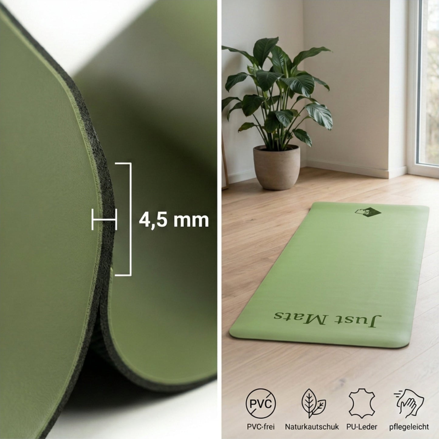 Yogamatte PUREFLOW PRO aus Naturkautschuk und PU-Leder in Grün, 4,5 mm dick, mit rutschfester Struktur für optimalen Grip.