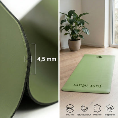 Yogamatte PUREFLOW PRO aus Naturkautschuk und PU-Leder in Grün, 4,5 mm dick, mit rutschfester Struktur für optimalen Grip.