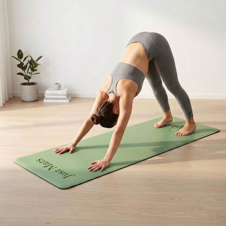 Minimalistische Yogamatte PUREFLOW PRO aus Naturkautschuk und PU-Leder in Grün, ideal für Haustierbesitzer.
