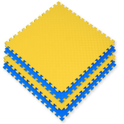 Kampfsport Puzzlematte 100 x 100 cm in Gelb und Blau mit rutschfester Oberfläche. Ideal als Bodenmatte für Fitness, Yoga und Gymnastik.