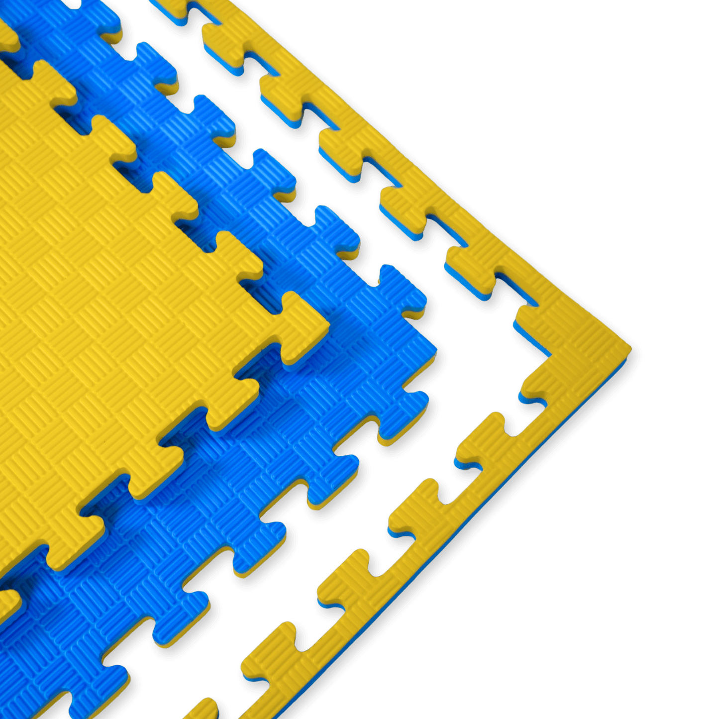 Kampfsport Puzzlematte 100 x 100 cm in Gelb und Blau mit rutschfester Oberfläche. Ideal für Fitness, Yoga und Gymnastik, online erhältlich.