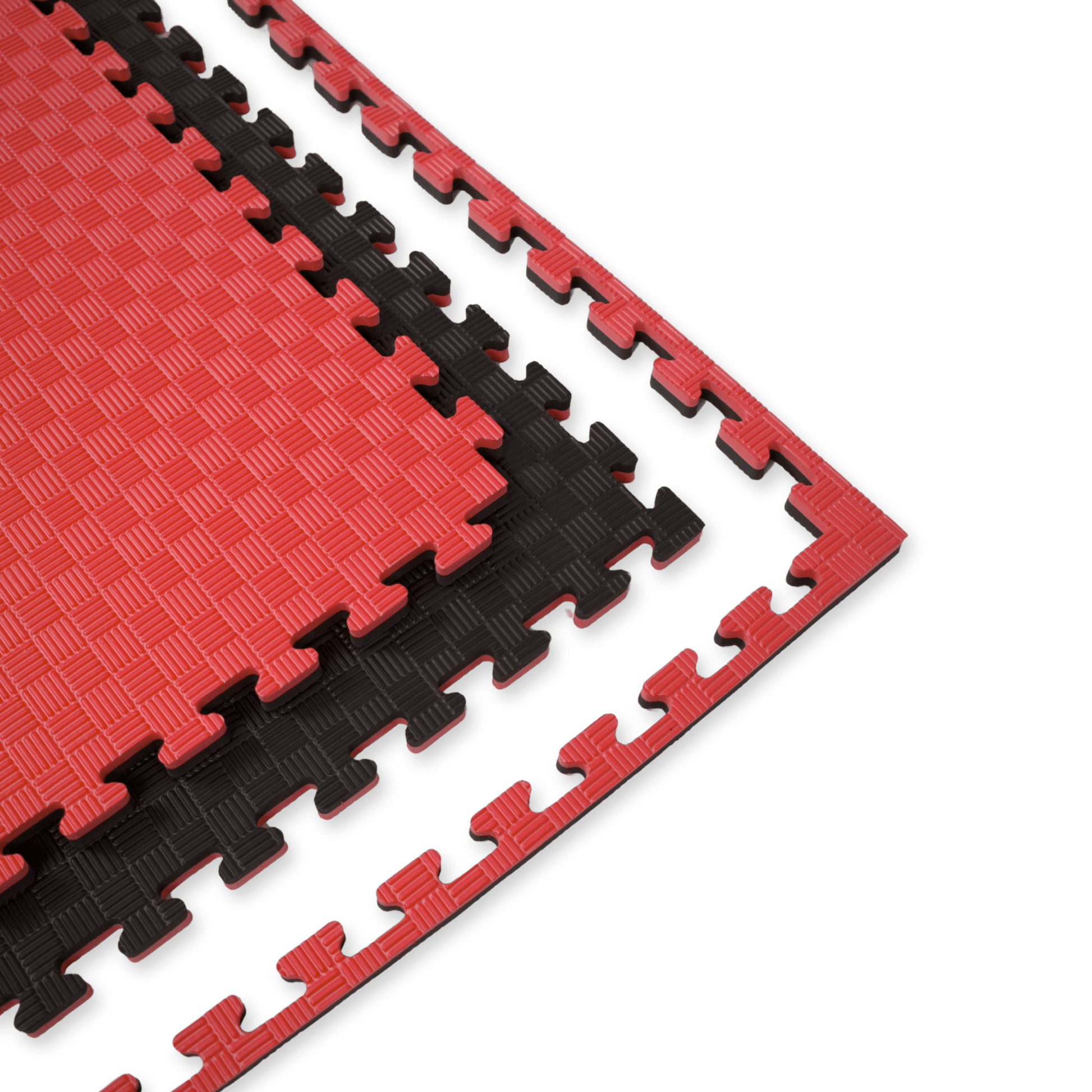 Kampfsport Puzzlematte 100 x 100 cm in Rot-Schwarz mit rutschfester Oberfläche und Verzahnung. Ideal als Bodenschutzmatte für Fitness und Gymnastik.